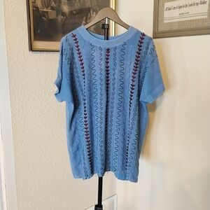Embroidered Striped Geometric Design Oversized Blue Women's Size XL Shirt Top